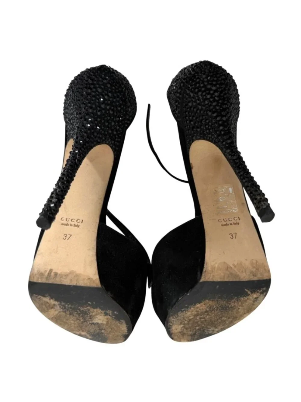 GUCCI Sofia Black Suede Crystal Embellished Heels Ankle Strap Platform Size 37 - Picture 9 of 16